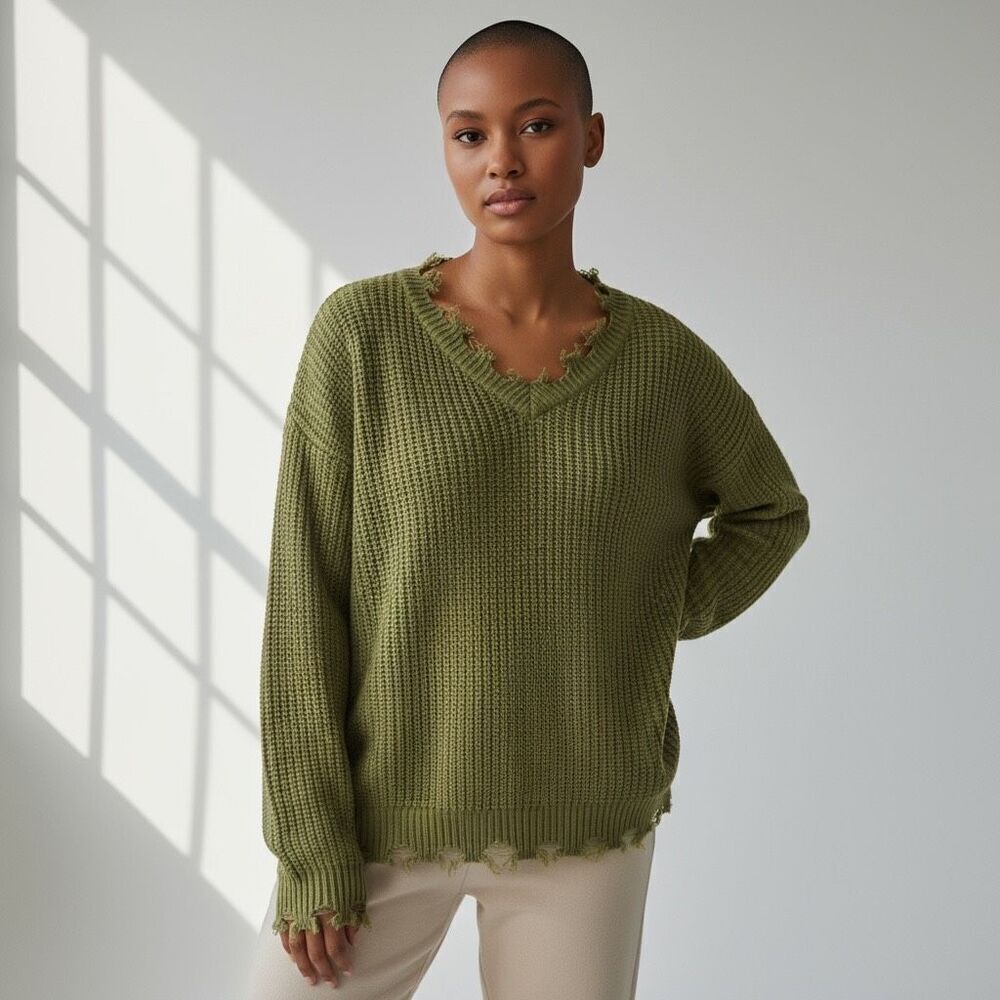 Cloud Chaser Solid Green V Neck Distressed Knitted Oversized Sweater size M
